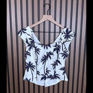 Collectif Top XS Womens White Square Neck Palm Tree Graphic Corset Button Back